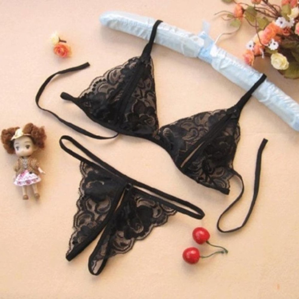Lot of 3 Sexy Lace Lingerie Set Solid See Through Bra Crotchless Panties Small